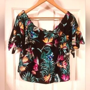 MUSTARD Seed Off The Shoulders Floral Tropical Crop Top Shirt Blouse Size ....